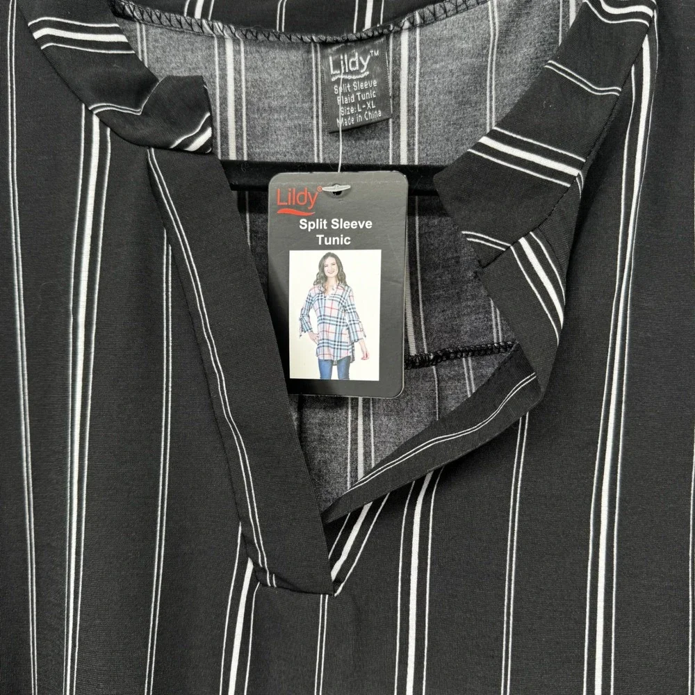 Black White Tunic Top Striped Split Sleeve V Neck Women L XL Career Office NWT - Picture 2 of 11